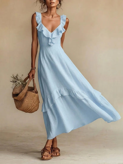 Elegant And Chic Cotton-Linen Dress With Ruffled Flutter Sleeves And A Flowing Hem