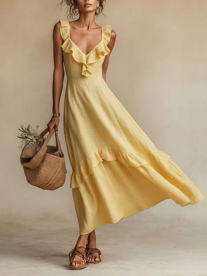 Elegant And Chic Cotton-Linen Dress With Ruffled Flutter Sleeves And A Flowing Hem