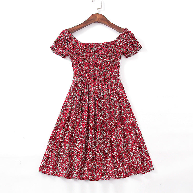 European And American Style Sexy One-neck Strapless Elastic Waist Floral Short Dress