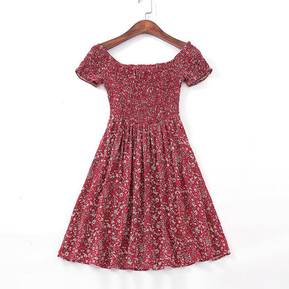 European And American Style Sexy One-neck Strapless Elastic Waist Floral Short Dress