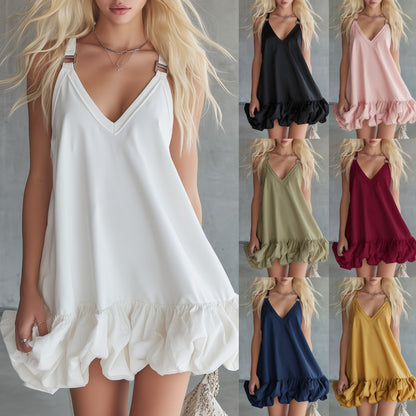 Womens Solid Color V-Neck Ruffled Mini Skirt