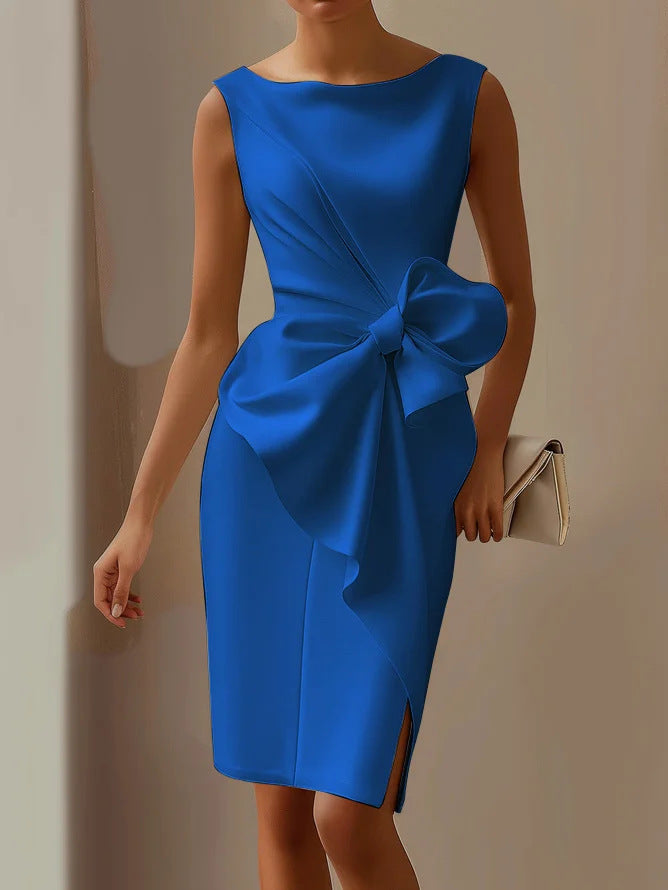 Fashion Bowknot Dress Solid Color Elegant Slim Sleeveless Dresses Women's Casual Office Party Clothing