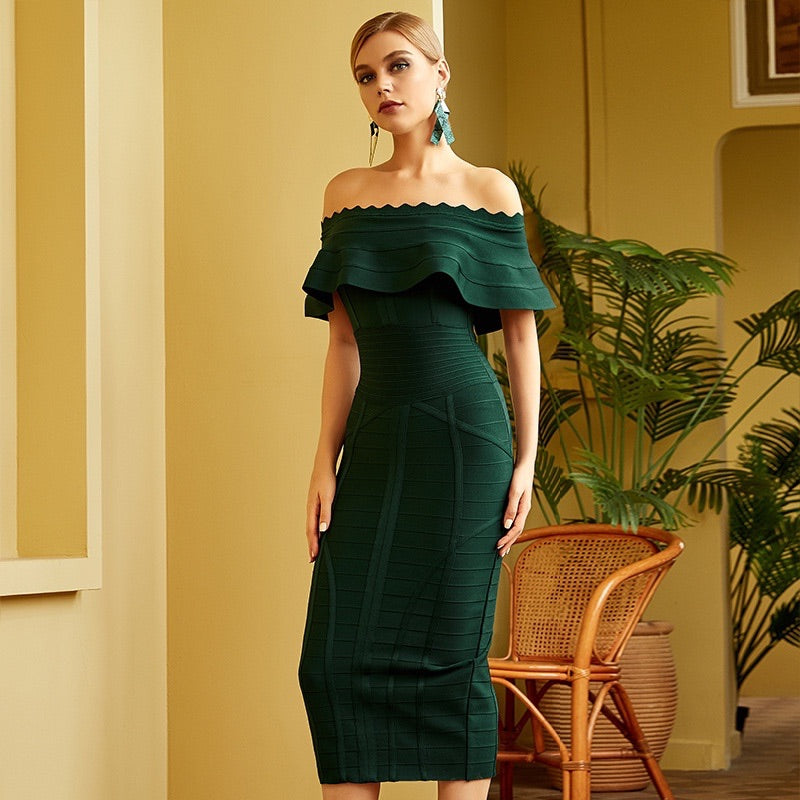 Green Off Shoulder party Dress