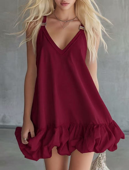 Womens Solid Color V-Neck Ruffled Mini Skirt