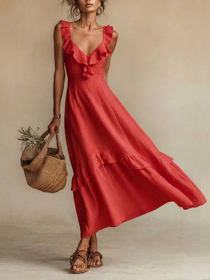 Elegant And Chic Cotton-Linen Dress With Ruffled Flutter Sleeves And A Flowing Hem