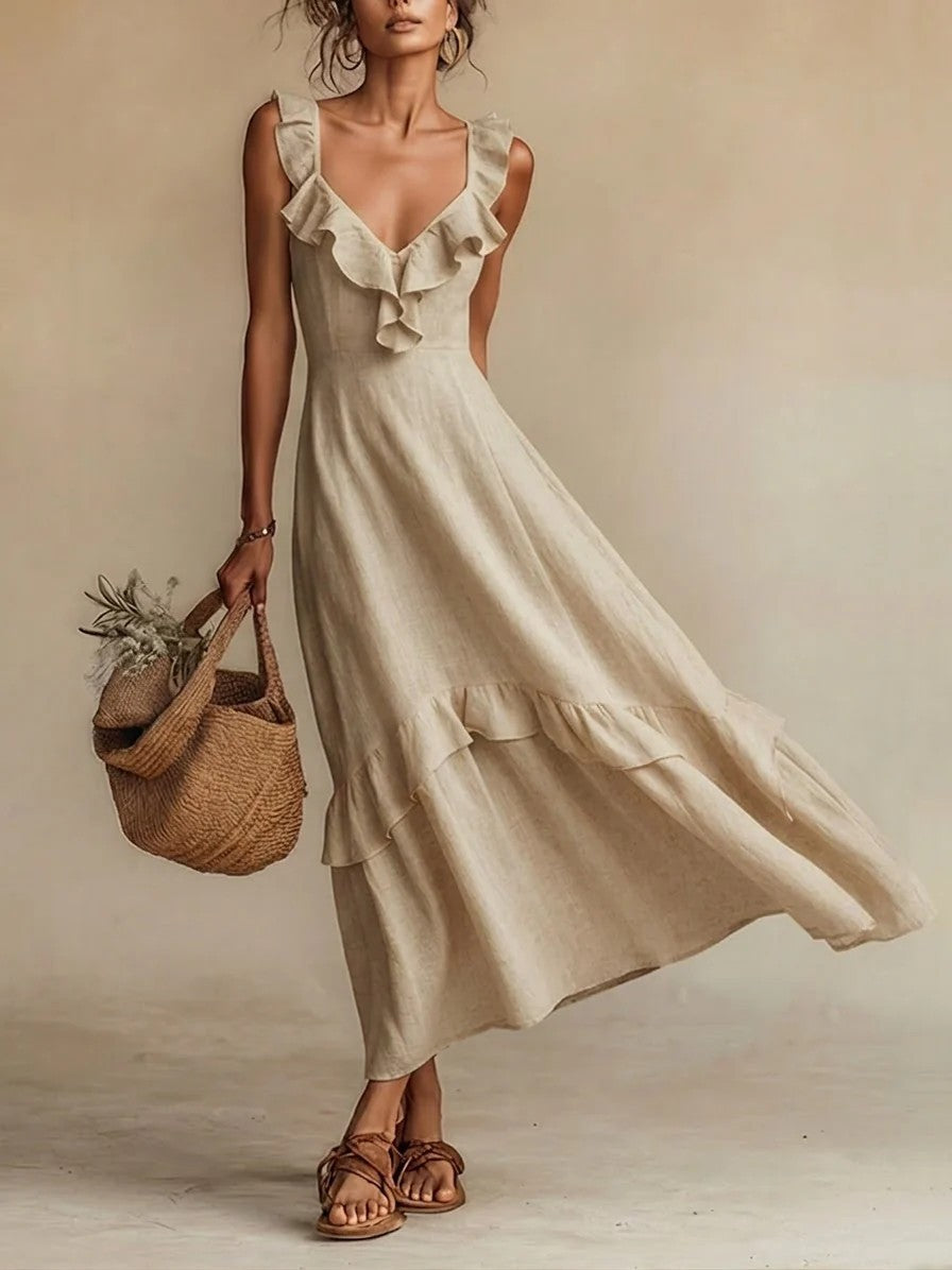 Elegant And Chic Cotton-Linen Dress With Ruffled Flutter Sleeves And A Flowing Hem