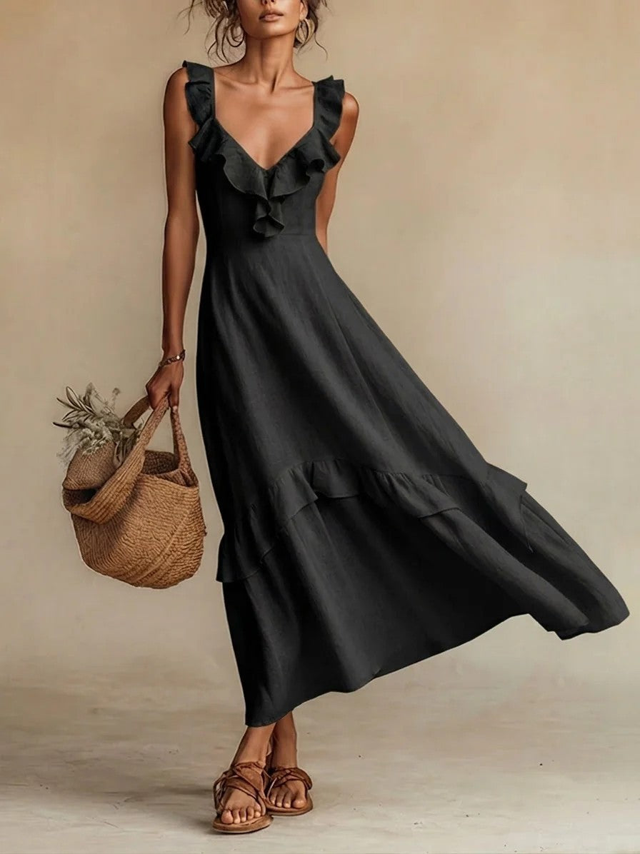Elegant And Chic Cotton-Linen Dress With Ruffled Flutter Sleeves And A Flowing Hem