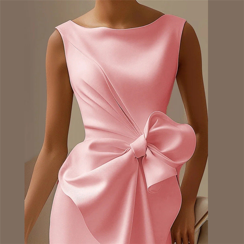 Fashion Bowknot Dress Solid Color Elegant Slim Sleeveless Dresses Women's Casual Office Party Clothing
